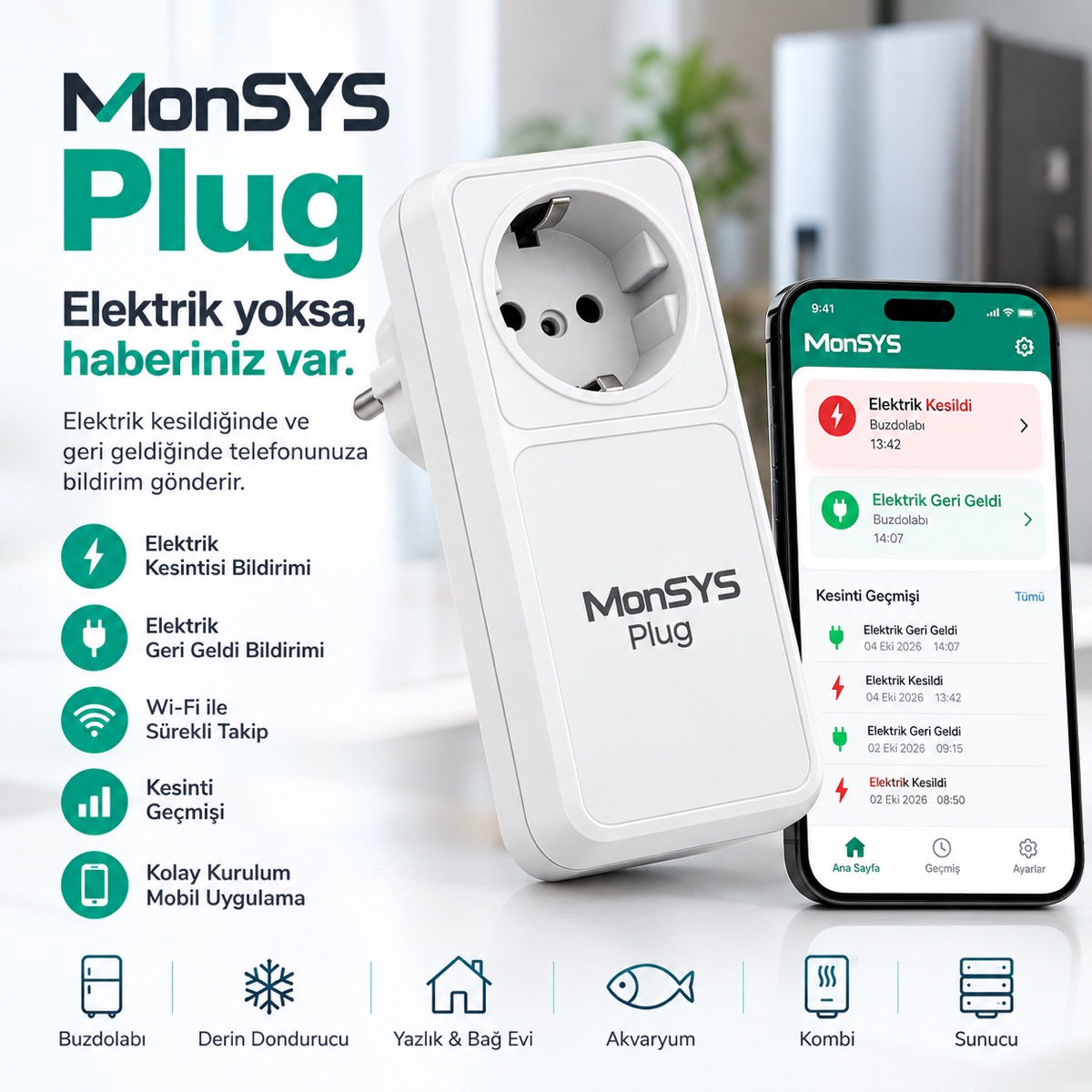 MonSYS Plug elektrik kesintisi bildirim prizi ve MonSYS mobil uygulaması